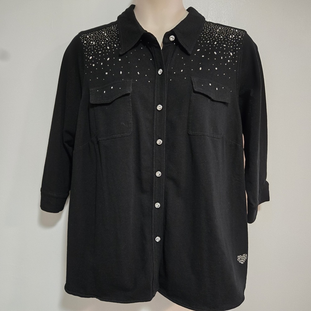 Dream Jeannes Quacker Factory 2X Jacket Shirt Black Rhinestone Studded NEW